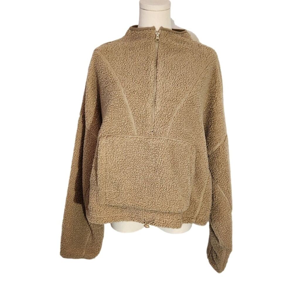 Bailey 44 Tan Oversized Sherpa Cropped Funnel Neck Pullover 1/2 Zip Womens XL